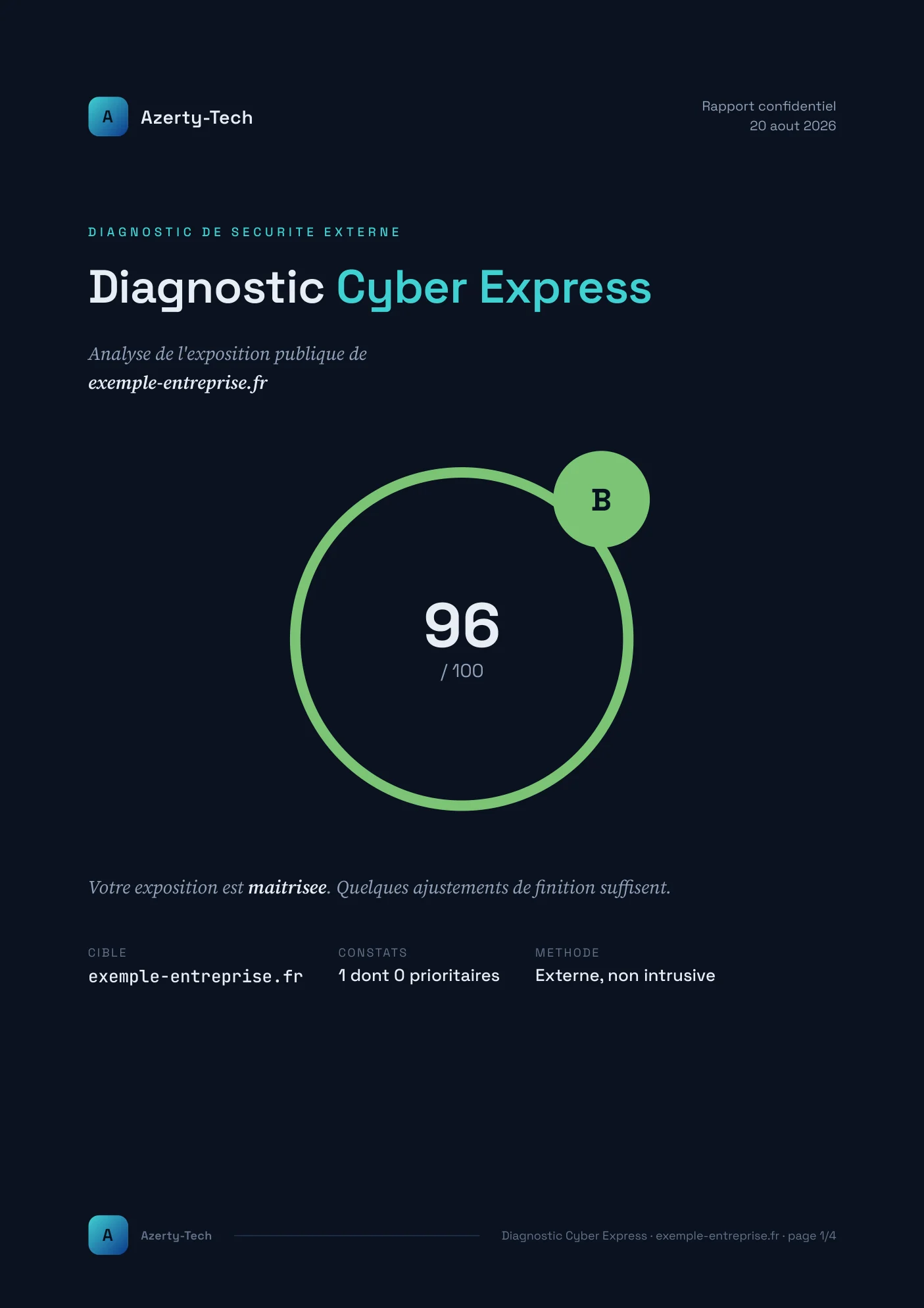 Page 1 du rapport Diagnostic Cyber Express : note globale 96 sur 100, lettre B