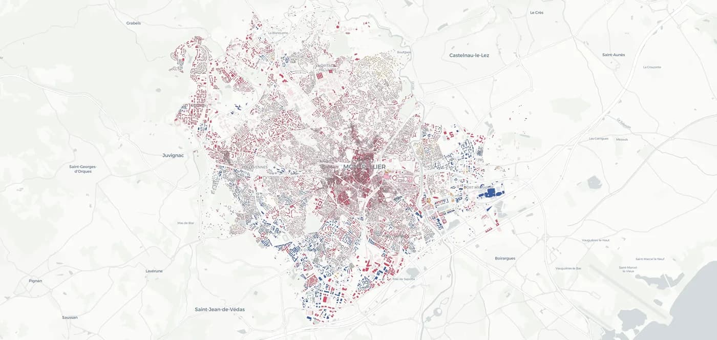 Carte du vote estimé bâtiment par bâtiment à Montpellier