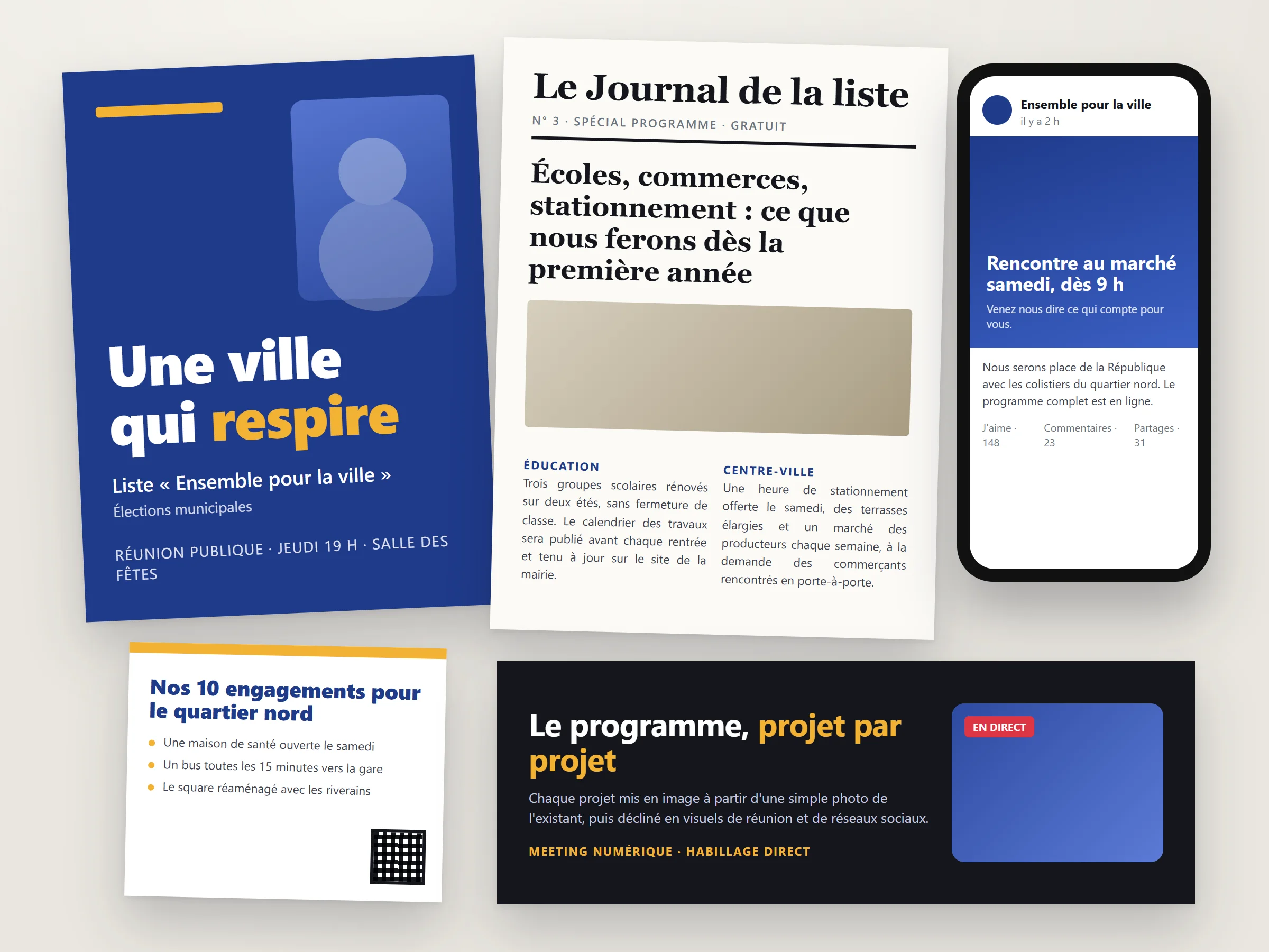 Livrables d'une campagne municipale : affiche, journal, publication sur téléphone, tract, visuel de meeting