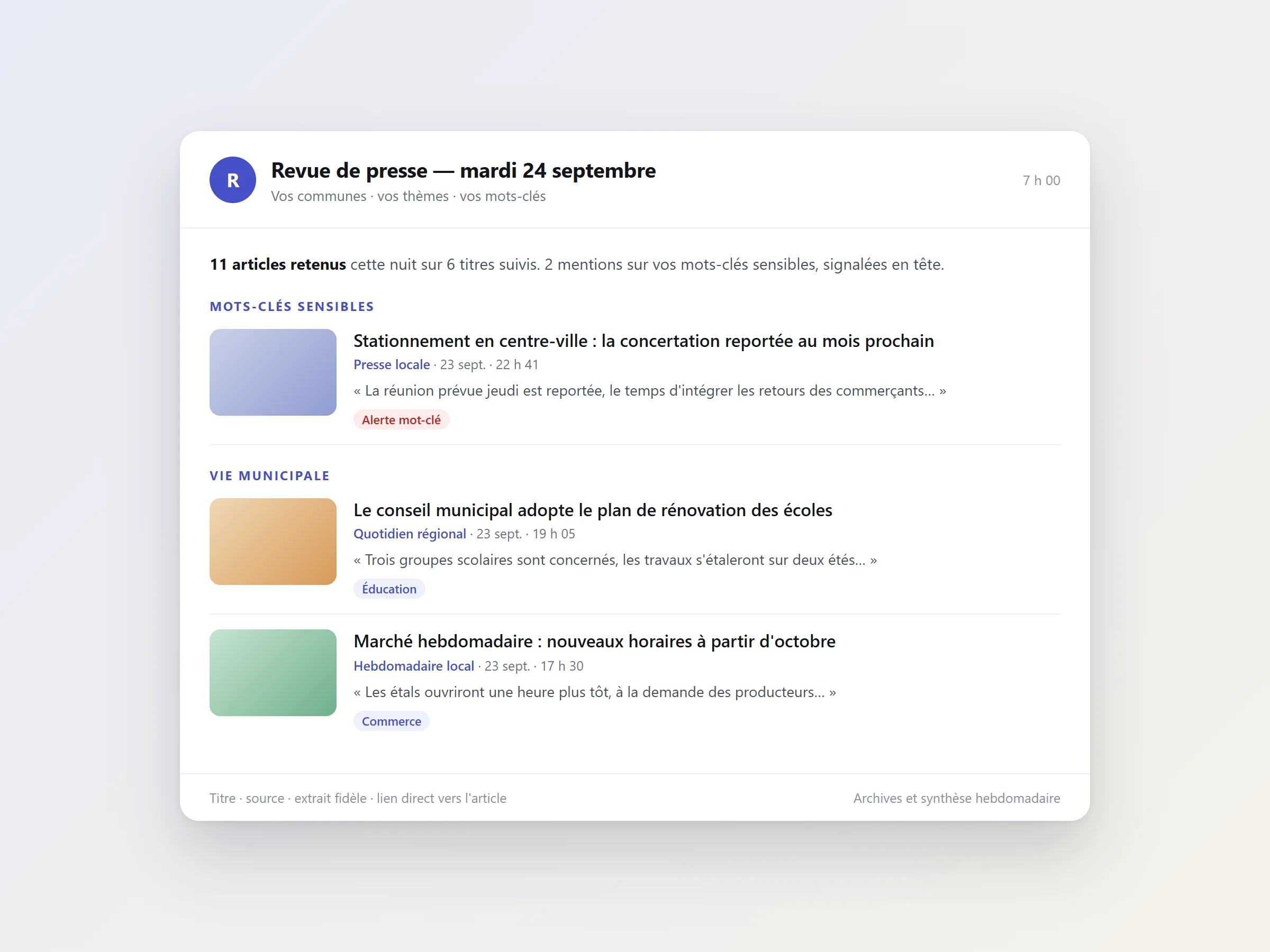 E-mail de revue de presse du matin : articles retenus avec source, extrait et lien