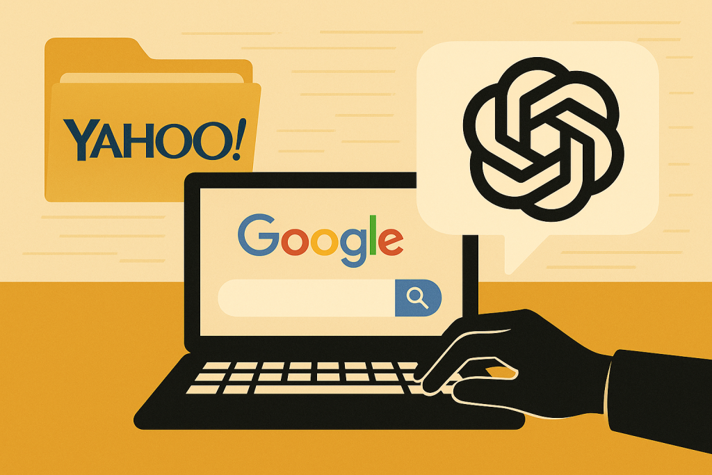 Illustration de l'évolution de la recherche en ligne, montrant les logos de Yahoo!, Google et ChatGPT (OpenAI) autour d'un ordinateur portable, symbolisant la transition du SEO vers le SEO IA.