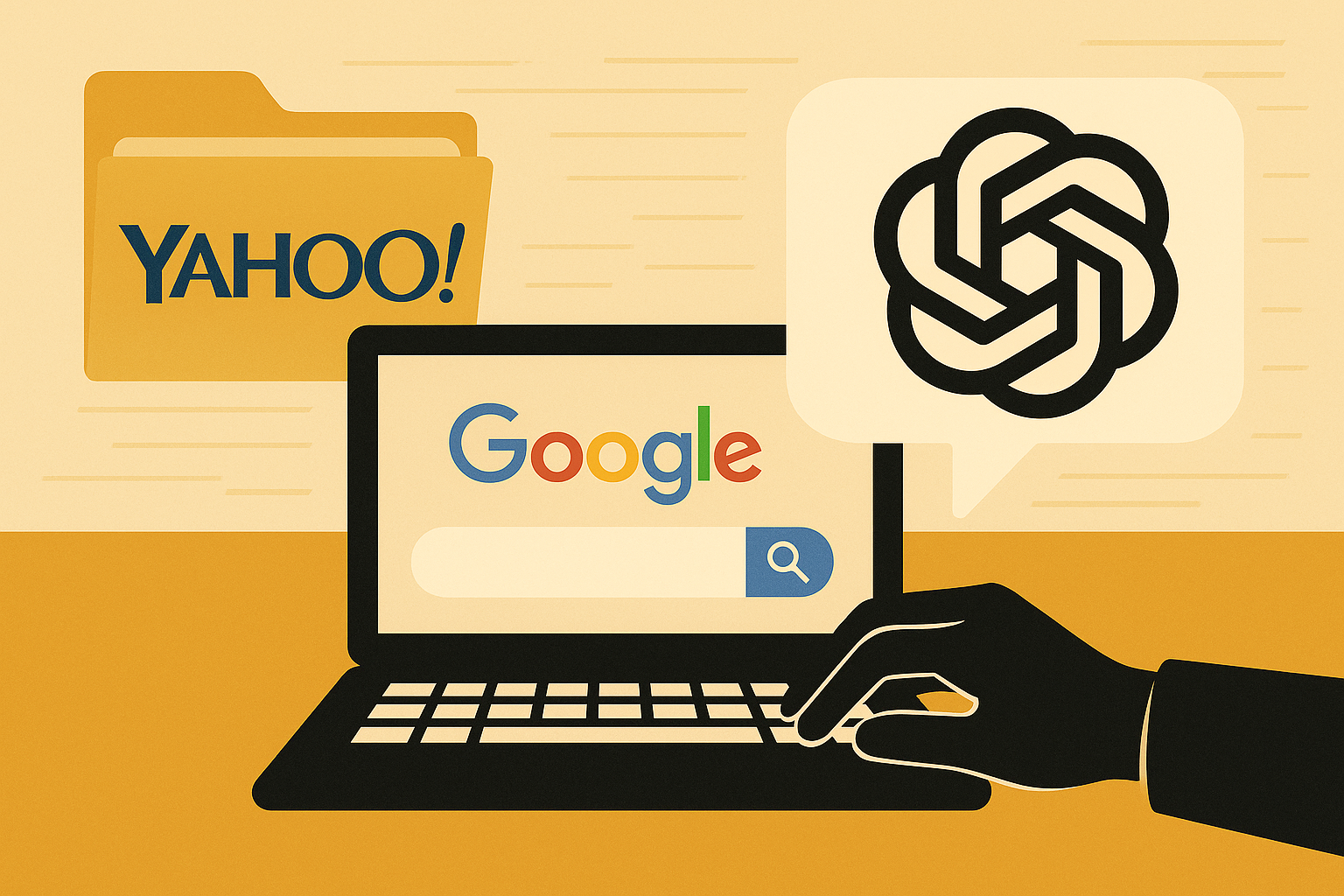 Illustration de l'évolution de la recherche en ligne, montrant les logos de Yahoo!, Google et ChatGPT (OpenAI) autour d'un ordinateur portable, symbolisant la transition du SEO vers le SEO IA.