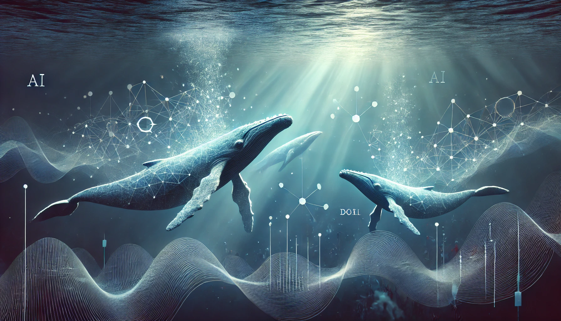 Illustration stylisée de deux baleines nageant dans l'océan, entourées d'ondes sonores et de motifs numériques, représentant le décodage du langage des cétacés par l'intelligence artificielle.
