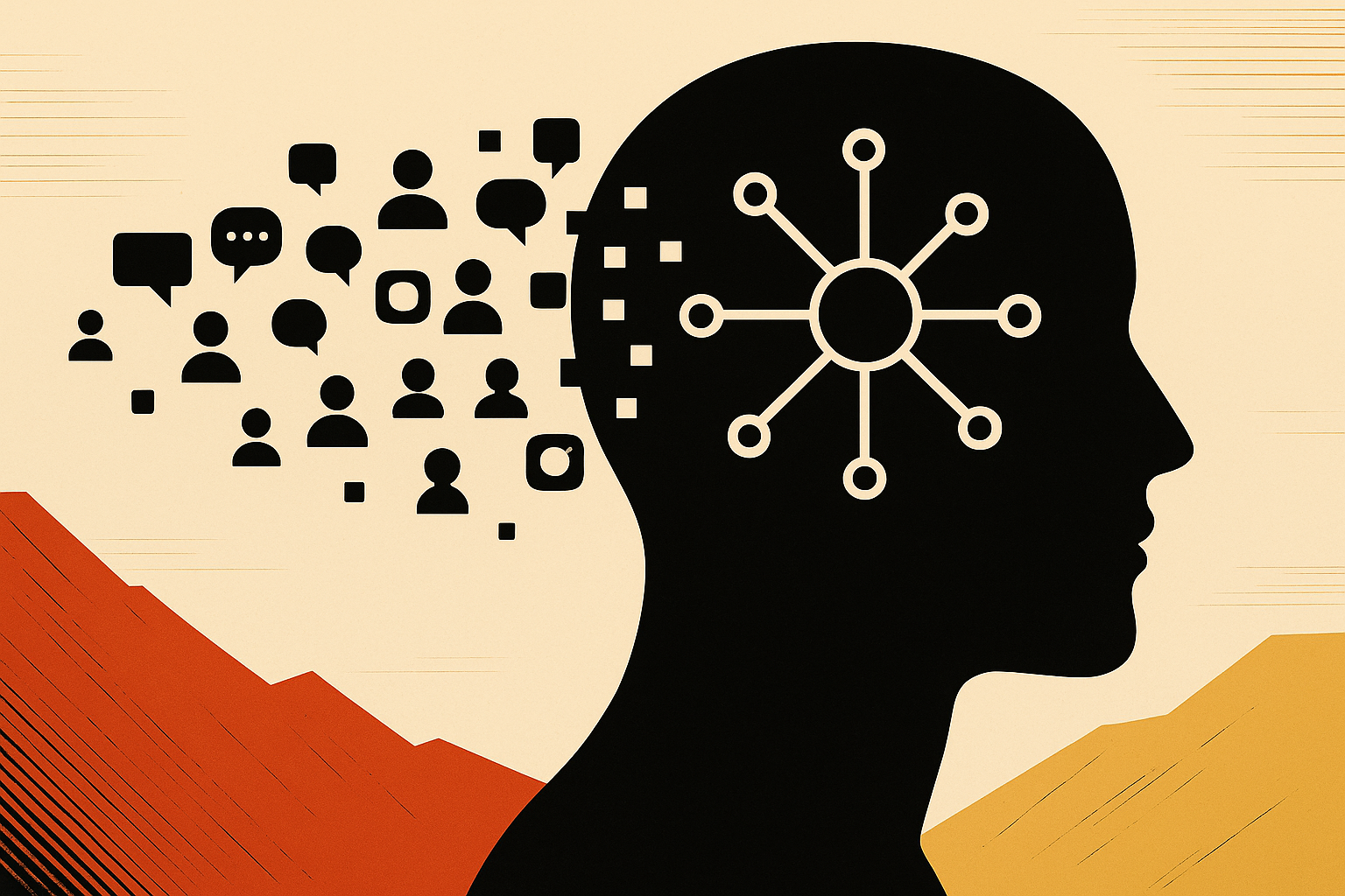Silhouette d'un esprit humain où un réseau neuronal est connecté à des icônes de réseaux sociaux, symbolisant le lien entre l'intelligence artificielle et la sociabilité numérique.